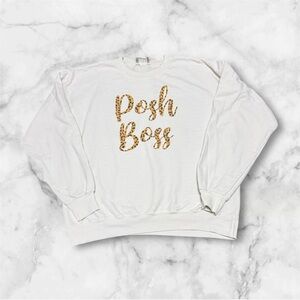 Hanes “Posh Boss” White Crewneck Sweater with Gold animal Print size large